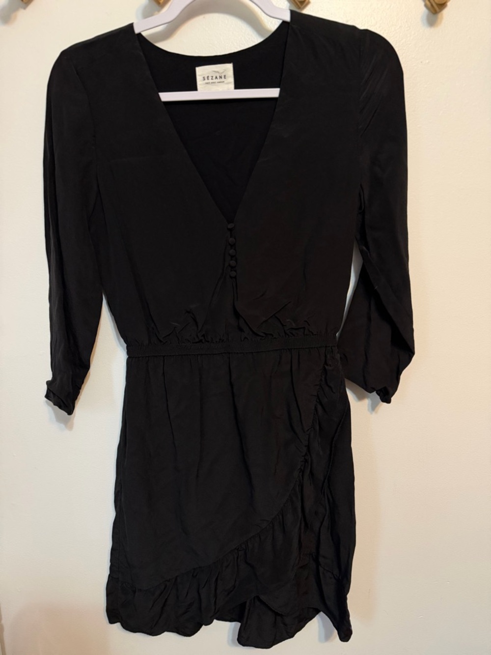Sezane Black Silk Emma Dress Knee Length Ruffles Size 34‎ Minimalist Designer